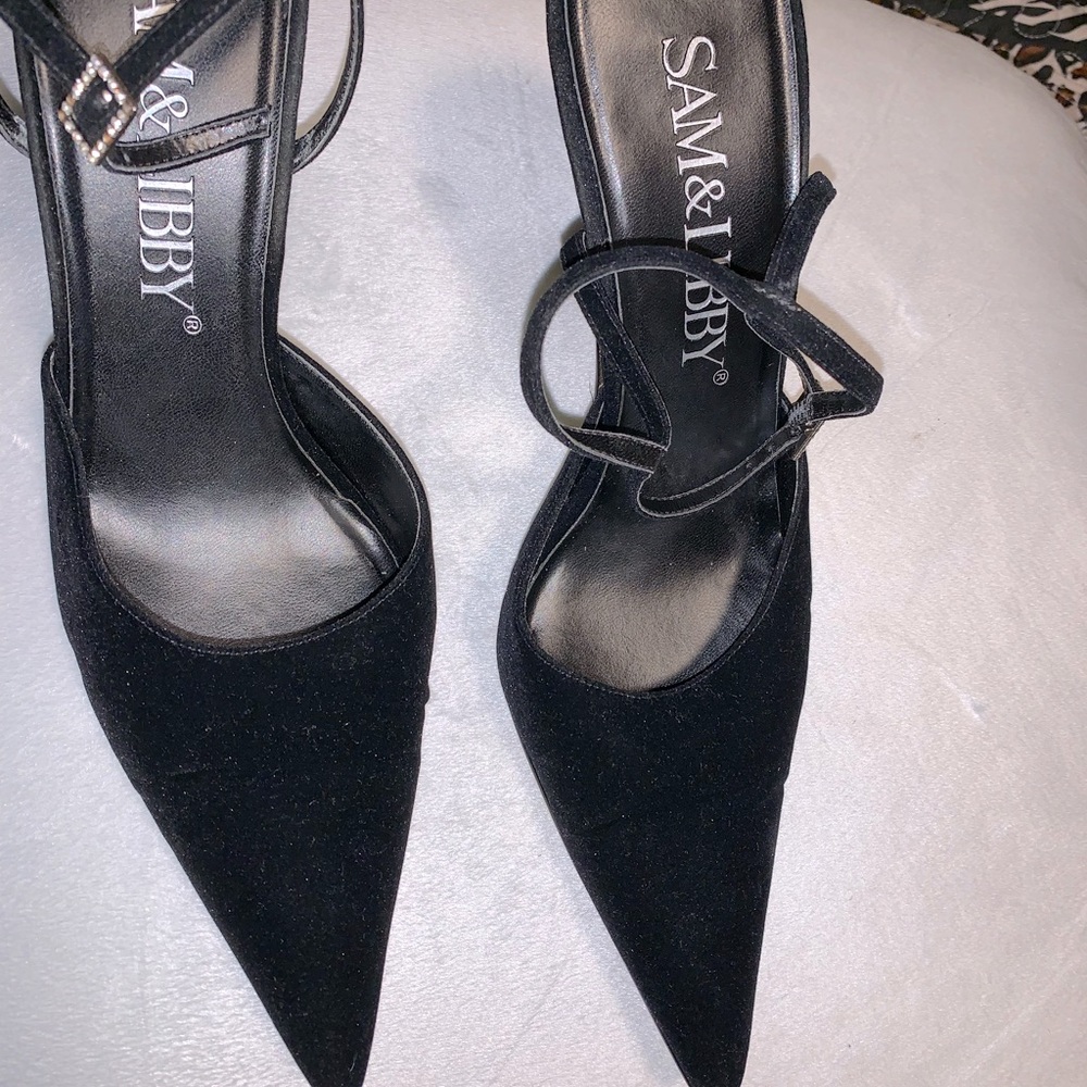 Black felt/suede sling back pointed toe heels